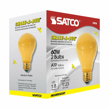 Satco 60 Watt A19 Incandescent Bulb - Yellow - 2000 Average Rated Hours - Medium base - 130 Volt, 2PK S3938